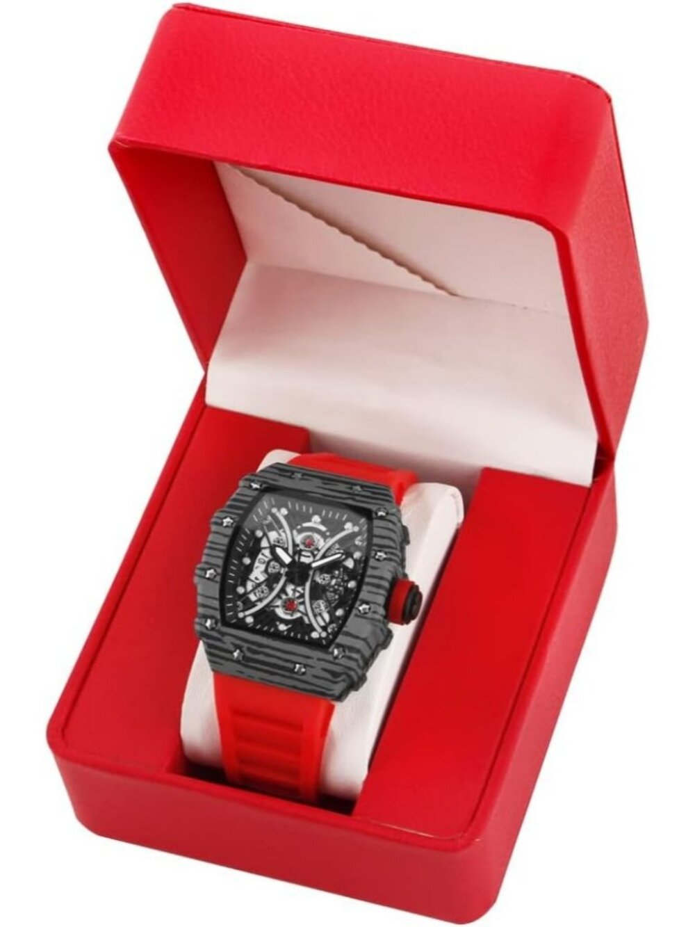 Men's Red Black Analog Quartz Silicone Strap Barrel-Shaped Skeleton Luxury Watch - Picture 2 of 6